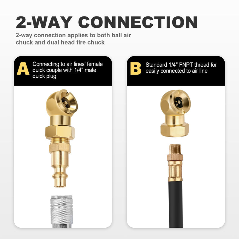2-Packs Portable Air Chucks, Solid Metal Closed Ball Air Chuck with 1/4" NPT Standard Quick Plug, Tire Inflator Gauge Nozzle for Air Compressor Accessories Coppersurfaced Quick Plug