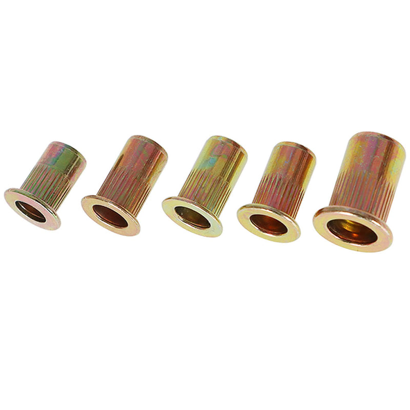 150Pcs Rivet Nuts SAE (1/4-20 10-32 10-24 8-32 6-32) Rivet Nut Assortment Kit Carbon Steel Flat Head Threaded Insert Nutserts 1/4-20 10-32 10-24 8-32 6-32