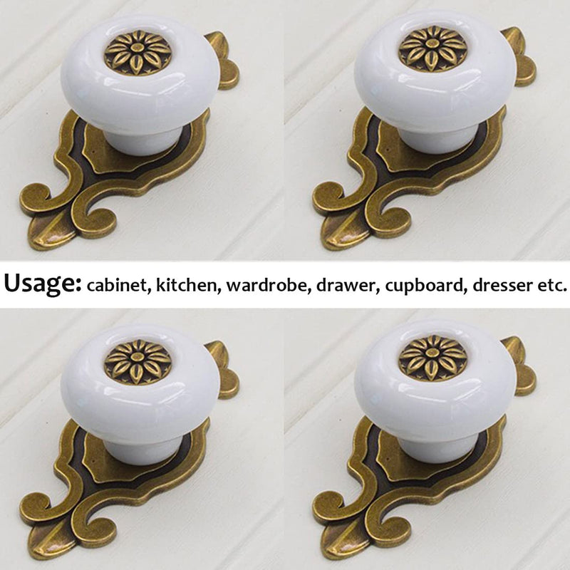 Retro Ceramic Cabinet Knobs, [12 Pack] Antique Vintage Dresser Knobs with Backplate, Drawer Pull Handles for Kitchen/Dresser Drawer/Cupboard/Wardrobe, White White-backplate 12 Pieces