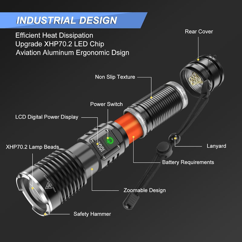 WINDFIRE Flashlights High Lumens Rechargeable, Super Bright LED Flashlight, Powerful Tactical Flashlights, Brightest Waterproof Zoomable Handheld Flash Light High Powered for Camping Emergencies L-8066