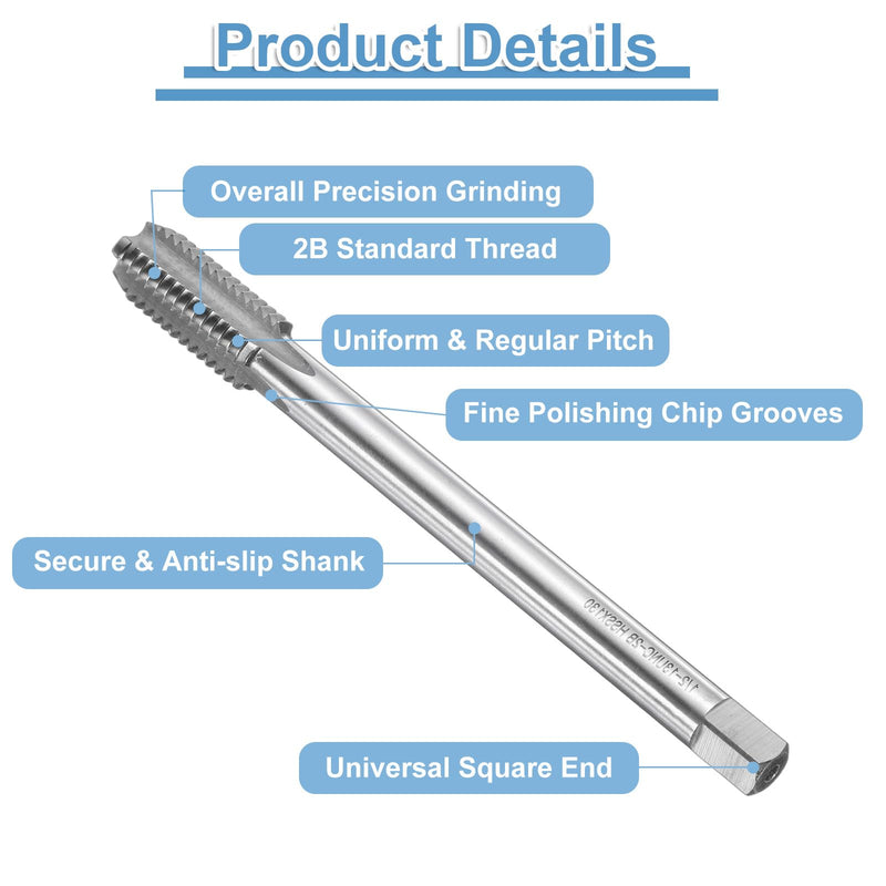 uxcell 2pcs Straight Flute Screw Taps 1/2-13 UNC 2B Thread 5" Extra Long HSS6542 Machine Threading Milling Tap Tapping Tools 1/2-13 UNC x 5"
