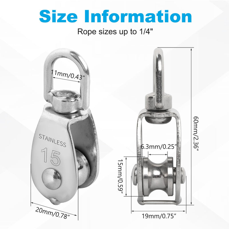12 Pack M15 Single Pulley Block, 304 Stainless Steel Wire Rope Cable Pulley, Heavy Duty Swivel Pulley Wheel Hanging Wire Towing Wheel for Lifting, Pulleys for Rope 12