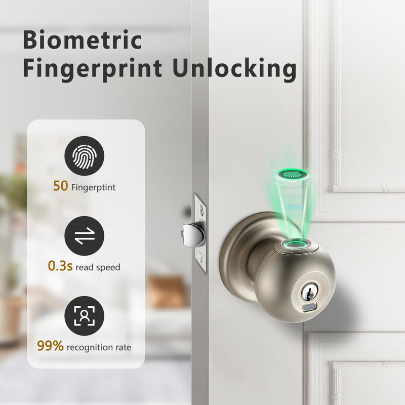 Fingerprint Door Lock, Smart Fingerprint Door Knob with Lock, Biometric Door Lock, Keyless Thumbprint Entry Door Lock for Bedrooms, Hotels, Apartments, Offices and Garages 1 Silver