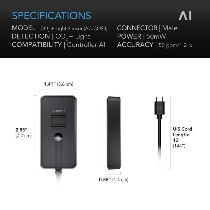 AC Infinity CO2 + Light Sensor, Environmental Sensor, Dynamically Assists Controller AI+ CO2 Data Tracking for Gardens, Grow Tents, Grow Spaces, with Smart Fan for Optimized FAE, Day Night Scheduling