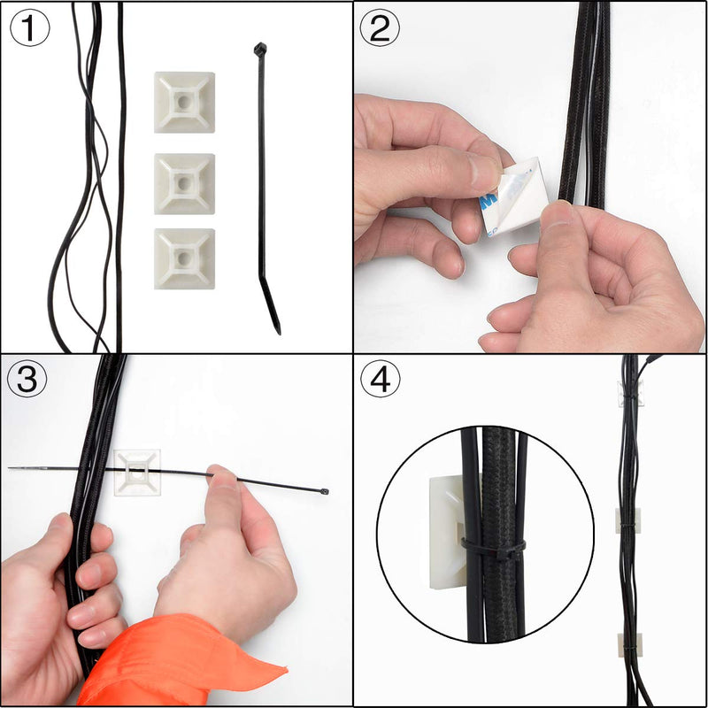 XHF 100 PCS 3/4" Black Self Adhesive Cable Zip Tie Mounts Wire Cable Clips Holders Management Anchors Organizer Holders Squares(HS-101S) 3/4"-100pcs