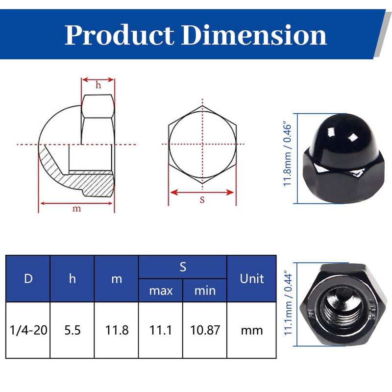 1/4"-20 Black Acorn Cap Nuts, 25Pcs Acorn Nuts, 304 Stainless Steel(18-8) Crown Cap Nuts for Bolt, Dome Head Hex Nuts for Indoor Outdoor, Bright Finish, 7/16 in Hex Wd 1/4"-20 (25Pcs)
