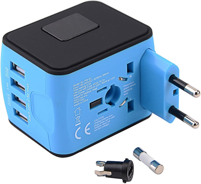 International Travel Adapter Universal Power Adapter Worldwide All in One 4 USB Perfect for European US, EU, UK, AU 160 Countries (Blue) Blue-N - NewNest Australia