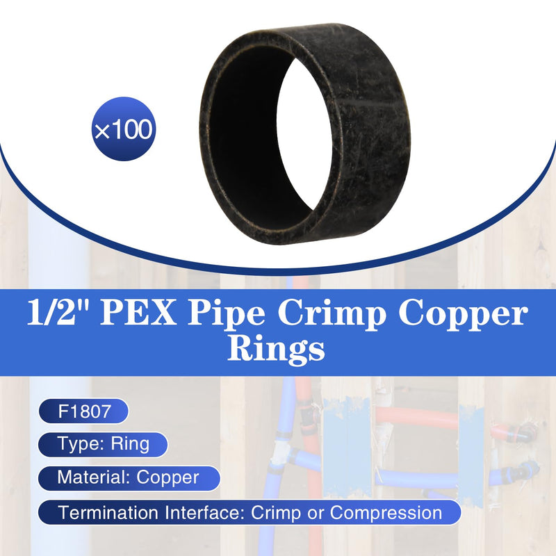 100 Pack 1/2" PEX Copper Crimp Rings, for Pex Pipe Connection (1/2", 100 Pack) 1/2“ × 100pcs