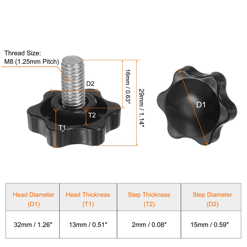 HARFINGTON 10pcs Star Knobs M8 x 16mm 304 Stainless Steel Threaded Stud 32mm Plastic 6-Star Head Hand Tightening Thumb Screw Clamping Jig Knob Handle, Black M8 x 16mm x 32mm