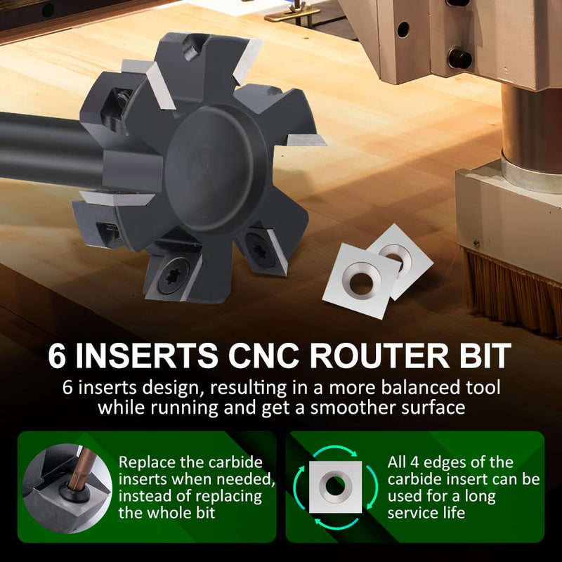 CNC Spoilboard Surfacing Router Bit 1/2'' Shank, Slab Flattening Router Bit with 2" Cutting Diameter, Planing Bit for Woodworking with 6 Carbide Inserts