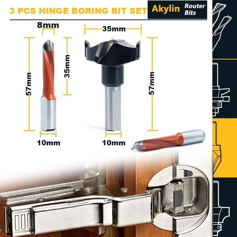 3 Pcs 10mm Shank Hinge Boring Set, Solid Carbide Tipped, 35mm Diameter Hole for Hinge and Screw,57mm Total Length, Matched Replacement Bits for Hinge Boring Machine 8mm/35mm x 57mm