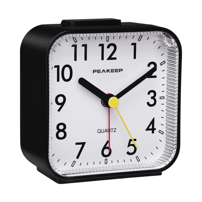 Peakeep Small Battery Operated Analog Travel Alarm Clock Silent No Ticking, Lighted on Demand and Snooze, Beep Sounds, Gentle Wake, Ascending Alarm, Easy Set (Black) Black