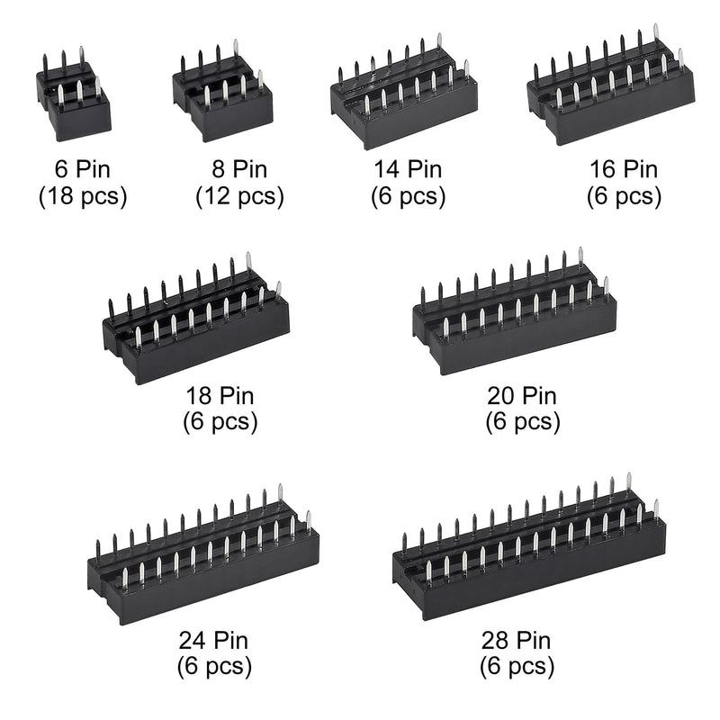 66 Pieces 2.54 mm Pitch DIP IC Sockets Adaptor Assortment Kit 6 8 14 16 18 20 24 28 Pin 66 Pieces