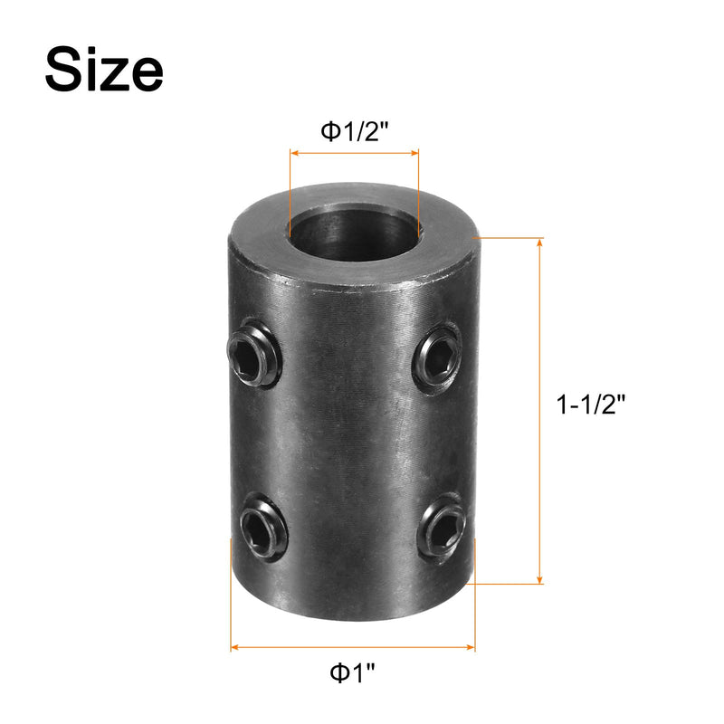 uxcell 2pcs Shaft Coupling 1/2" Bore, 1" OD, 1-1/2" Length, Black Oxide Plated Steel Rigid Coupling, Motor Wheel Coupler, (4 Set Screws)
