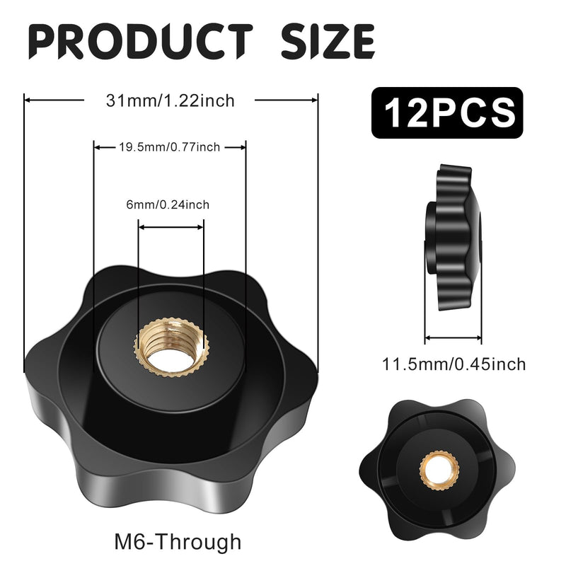 12 Pcs Star Knobs, Black Nylon Screw-On Thru Threaded Nuts (M6) M6