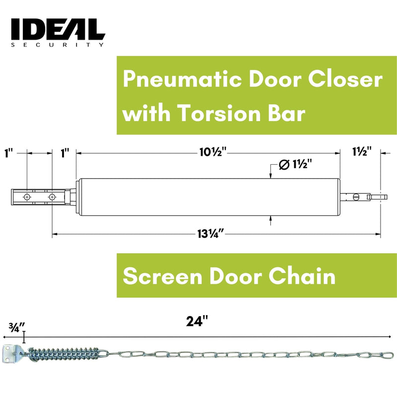Ideal Security Model 8160 Heavy-Duty Pneumatic Storm Door Closer with Torsion Bar and Wind Chain, 10.5" L x 1.5" W, Adjustable Speed, Secure Closing, Black