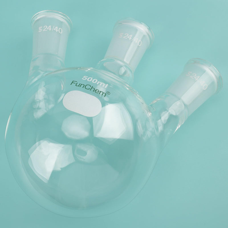 FunChem Three Necks Round Bottom Flask RBF, Glass 3-Neck Boiling Flask with 24/40 Standard Taper Outer Joint, 500 ml