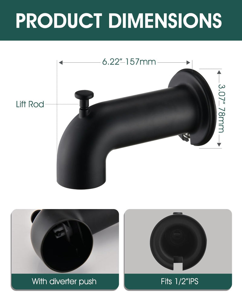 Extra Long Tub Spout with Diverter, Fits for 1/2" IPS Threads,Matte Black Matte Black