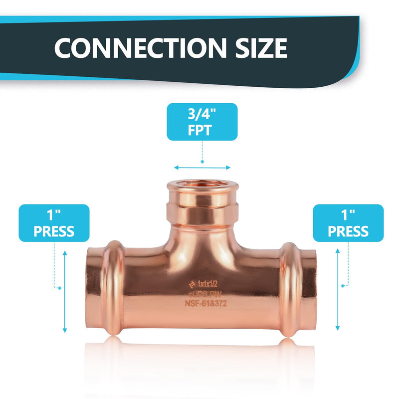 1Pack Seelink Press Copper Female Tee, 1"P x 1"P x 3/4"FPT(PRESS081-1)