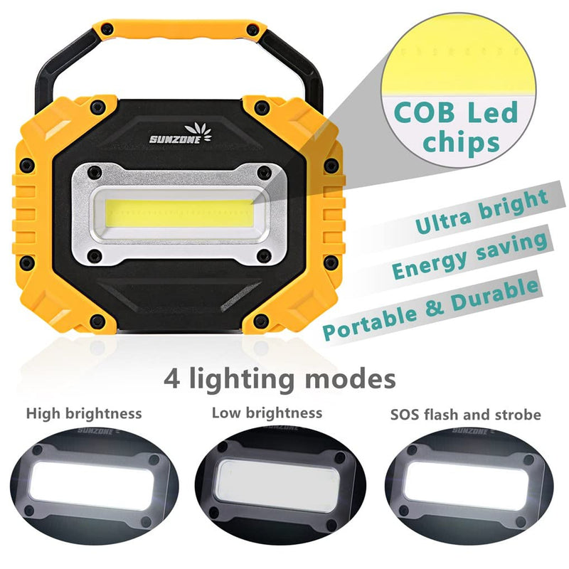 sunzone Portable LED Work Light,Flood Lights, Job Site Lighting, Super Bright Waterproof for Outdoor Camping Hiking Car Repairing Fishing Workshop Battery Included with Emergency SOS Model AA Battery model 2 Pack Yellow