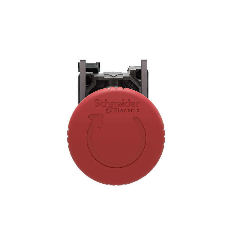Schneider Electric XB4BS8442 Emergency Switching Off Push Button Switch for Industrial Machinery, Chromium Plated Metal Bezel, Fits 22mm Diameter Cutouts, Trigger Latching Turn to Release, 1NC