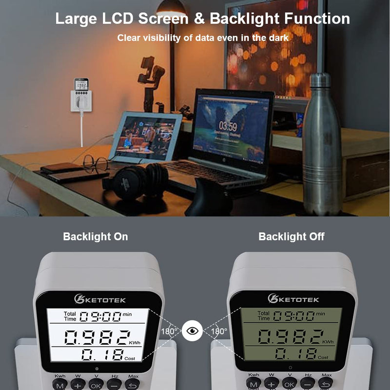 Watt Meter Power Meter Plug Electricity Usage Monitor for Home, Energy Monitor with LCD Display, Kilowatt Meter Socket Outlet, Voltage Amps Power Consumption Meter, Overload Protection US Plugs
