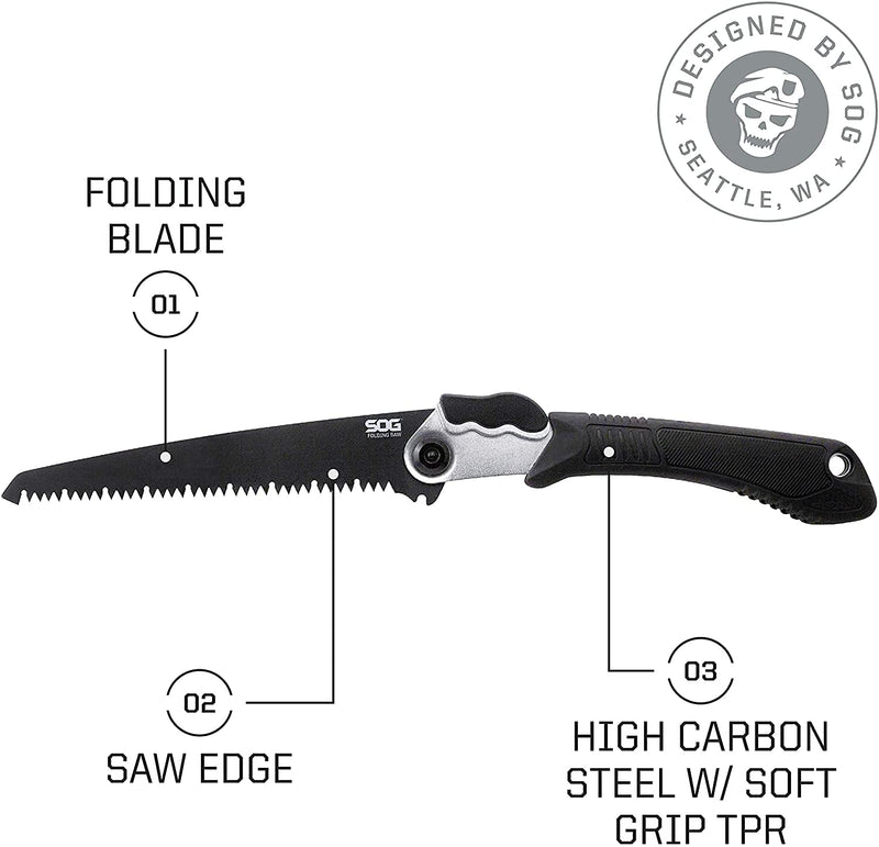 SOG Folding Saw - Wood Saw, Hand Saw, Pruning Saw and Camping Saw with 8.25 Inch Removable Blade and Compact Sheath for Foldable Saw (F10N-CP) , Black
