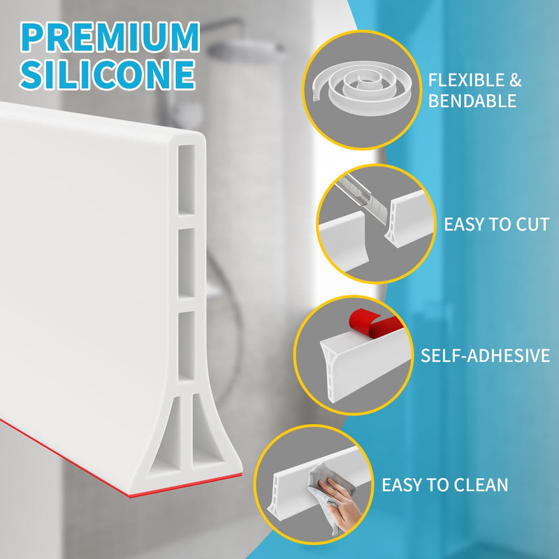 3.8'' High Shower Threshold Water Dam 39 Inch Collapsible Self Adhesive Shower Water Splash Guard Shower Water Blocker Wet and Dry Separation for Bathroom (39 Inch, White)