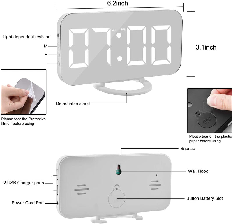 Sukeen Digital Alarm Clock,6" Large LED Display with Dual USB Charger Ports | Auto Dimmer Mode | Easy Snooze Function, Modern Mirror Desk Wall Clock for Bedroom Home Office for All People (White) White