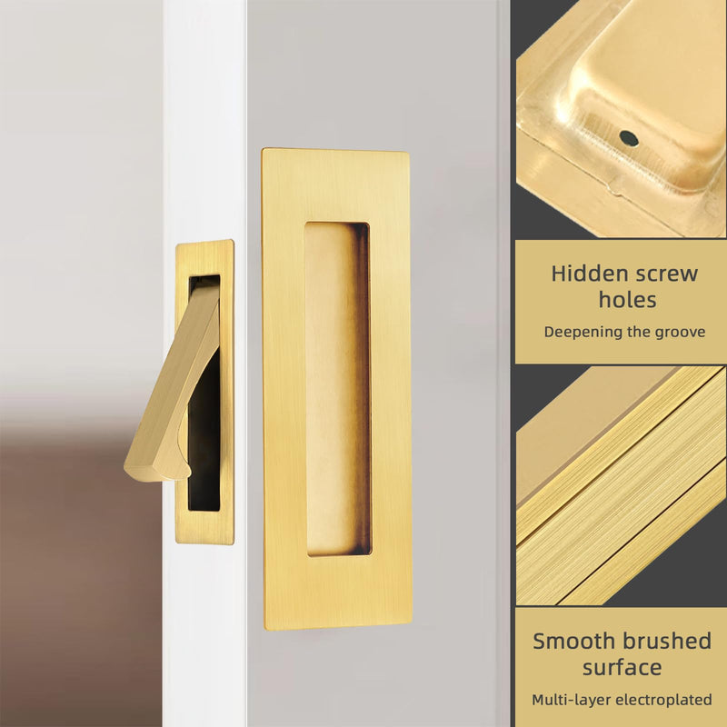 Pocket Door Handles and Edge Pull Brushed Brass, 6Inch Handles Hardware Latch,Recessed Finger Flush Pulls,for Closet,Sliding,Barn Door Model A Brushed Gold