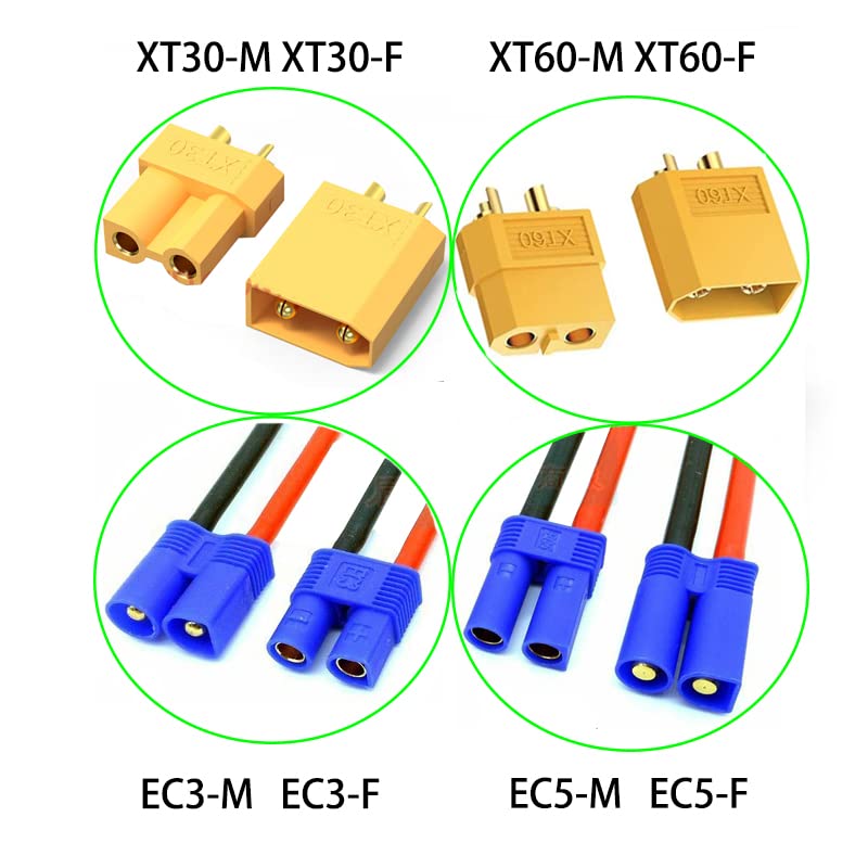 EC3 Male to XT60 Female Connector Adapter, 4pcs XT60-EC3 Extension Cable,RC Battery Adapter with 5cm 16AWG Silicone Wire for LiPo Battery Micro FPV Drone XT60 female-EC3 male