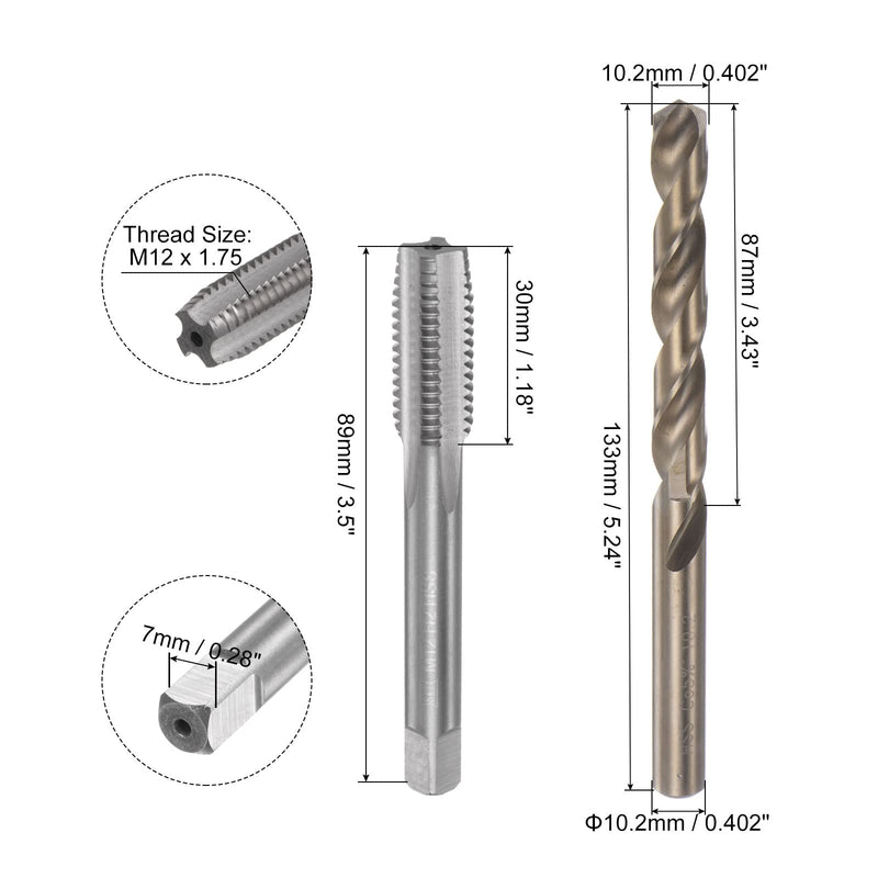 uxcell Tap & Bit Sets, M12 x 1.75 H2 Straight Flute Machine Thread Milling Tap, 10.2mm M35 Cobalt High Speed Steel (HSS-CO) Twist Drill Bit