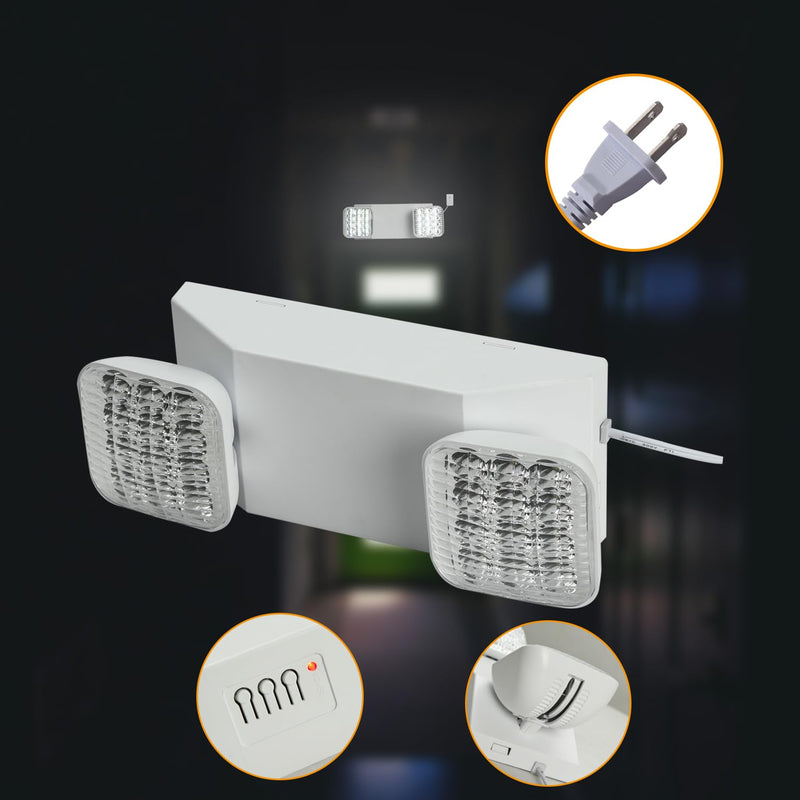 Plug in Emergency Lights for Business Home Power Failure 4Hours 300lm LED Commercial Emergency Light Fixtures with Battery Backup Rechargeable Adjustable Two Heads AC85-277V Square White