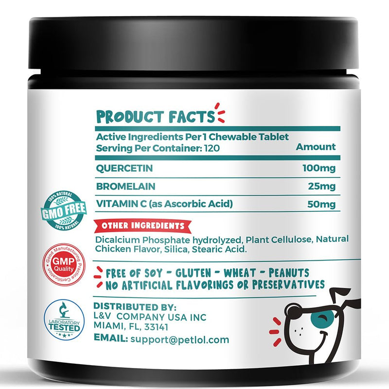 Quercetin for Dogs with Bromelain and Vitamin C | 3-in-1 Supplement for Dog Allergies, Immune Support, Itch Relief, Promote Inflammatory Relief & Antioxidant Activity | 120 Chewable Tablets