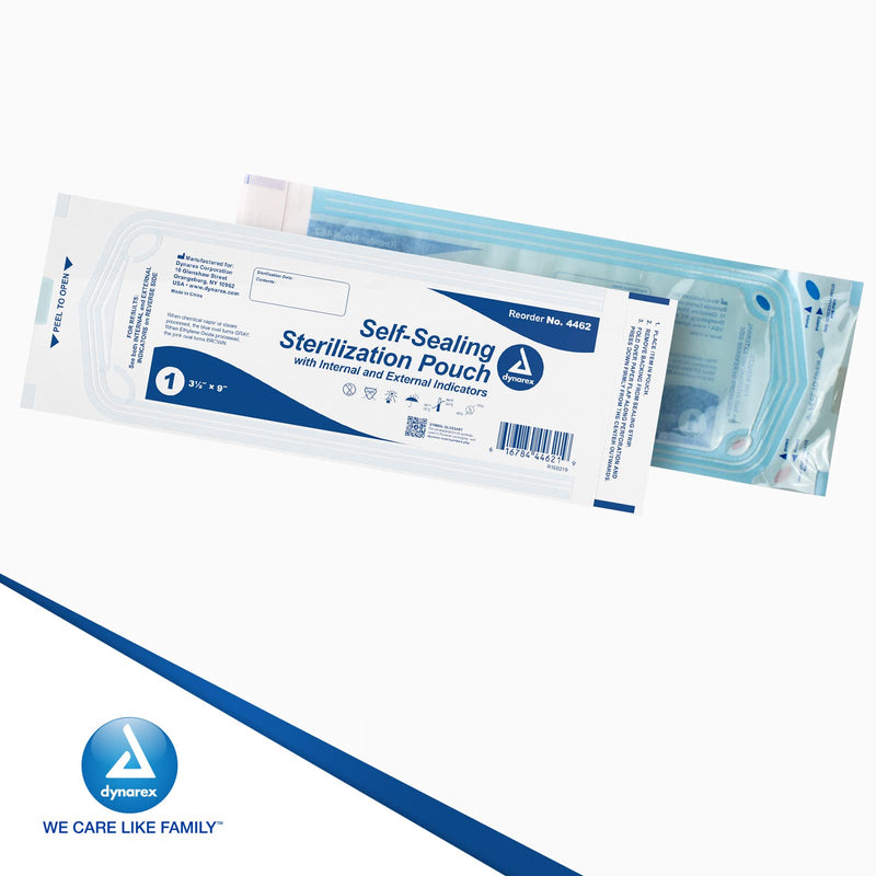 Dynarex Sterilization Pouches - Self-Sealing Autoclave Bags for Medical, Dental, Tattoo & Nail Care Tools - Blue-Tinted Transparent Cover, Dual Color Indicators - 3.5" x 9", 1 Box of 200 3.5" x 9"