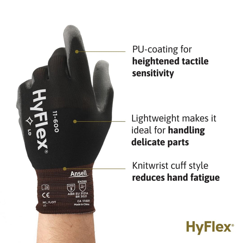 Ansell HYFLEX 11-600 Light Duty Nylon Industrial Gloves w/Palm Coating for Metal Fabrication Size 10 (XL) 12 Pair Black