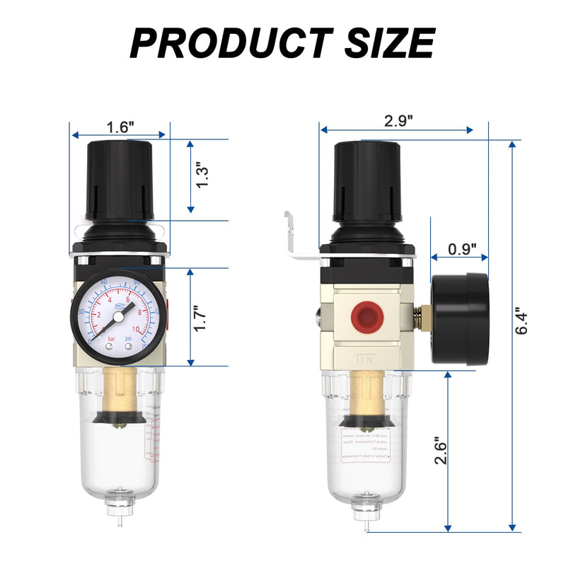 1/4"NPT Air Filter Regulator Combo Piggyback,5 Micron Brass Element, Manual Drain,Air Pressure Regulator AW2000-02,0-150 psi Gauge 1/4"NPT Manual