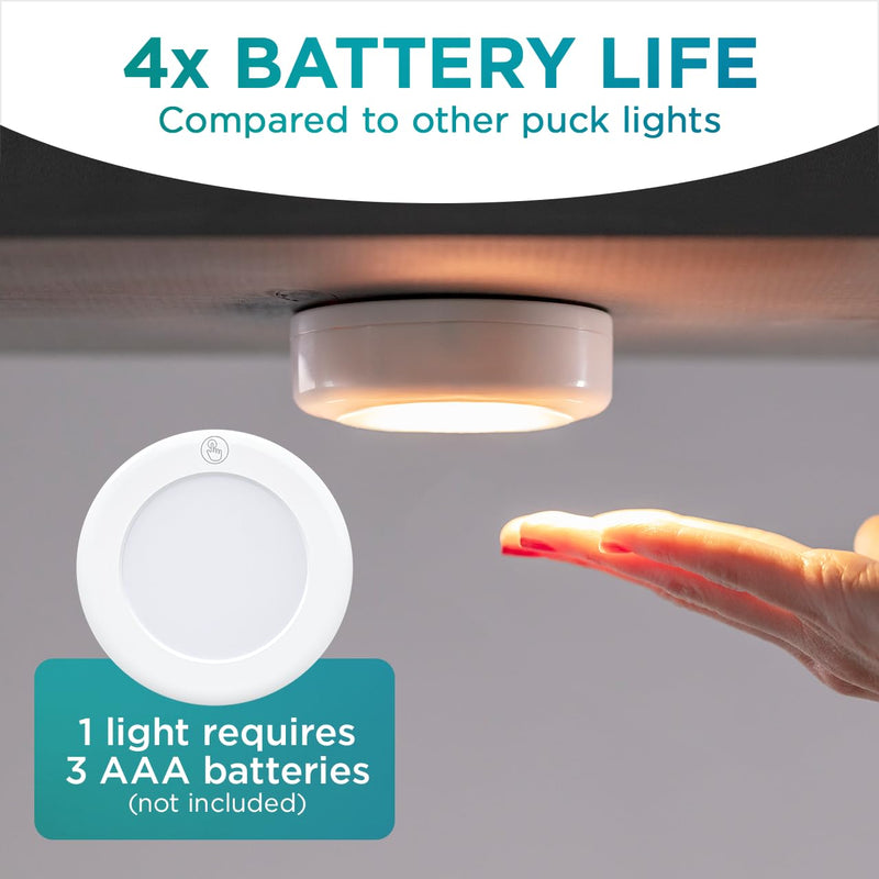 Brilliant Evolution Wireless LED Puck Lights with Remote Control - Battery Operated Lights and Warm Light Under Cabinet, Closet, or Kitchen - Stick On Lights, Under Counter Lighting - Pack of 3, White