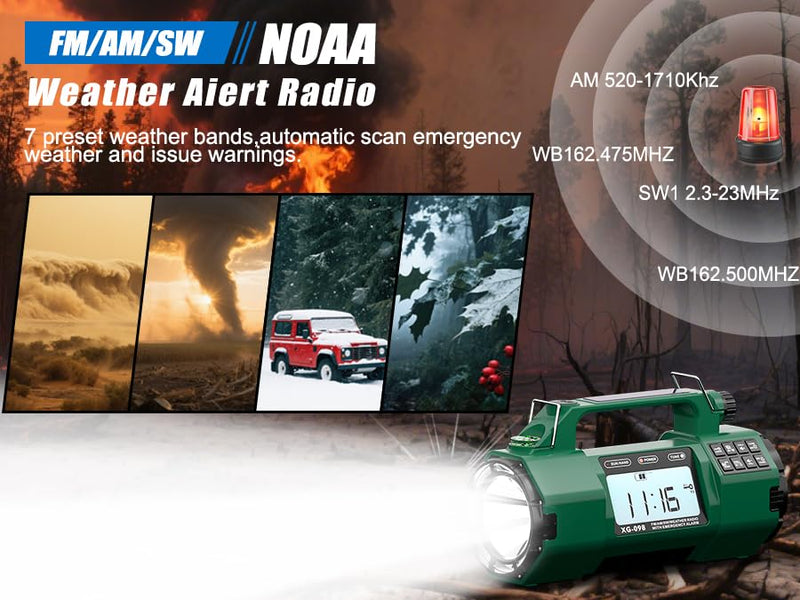 Emergency NOAA Weather Alert Radio, 5000mAh AM/FM Portable Radio with Solar, Hand Crank & AC Power, Replaceable Battery, Flashlight, SOS Alarm, Clock & Headphone Jack for Home & Outdoor Emergencies green Classic