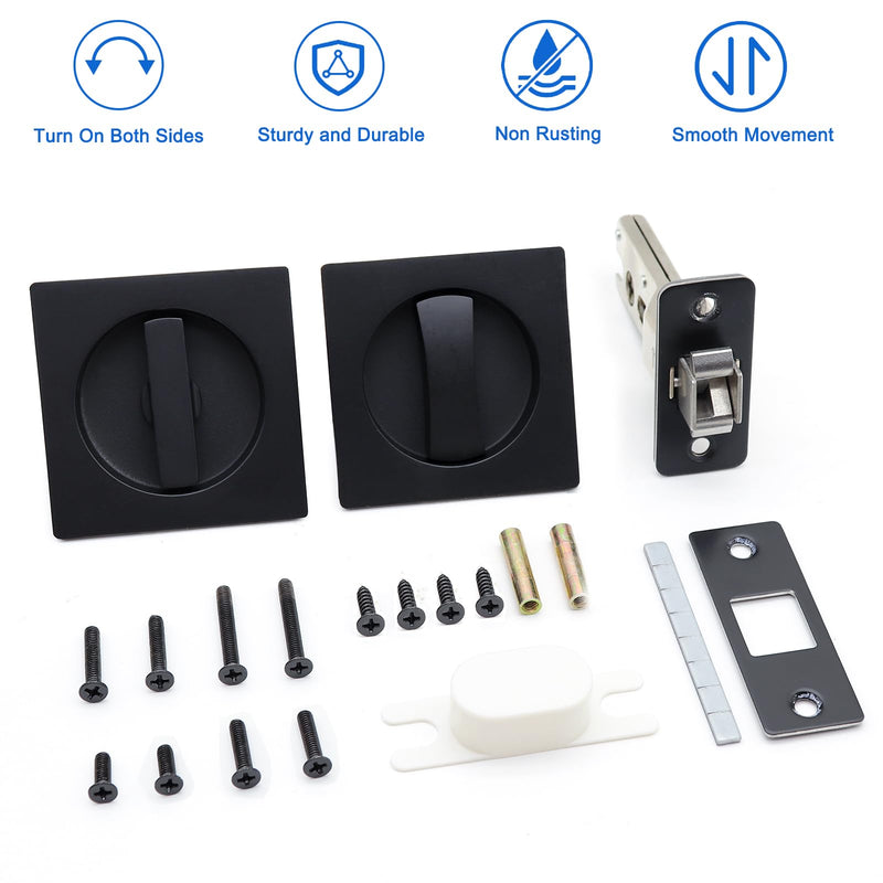 Dontay Pocket Door Passage Lock, Double Sided Rotation,No Key, Privacy (Bed/Bath) Latch, Flush, Large Locking Lever, Hardware for 1 3/8” to 2 3/16” Thickness Door (Matte Black, 1 Pack(Square)) 1 Pack(Square) Matte Black