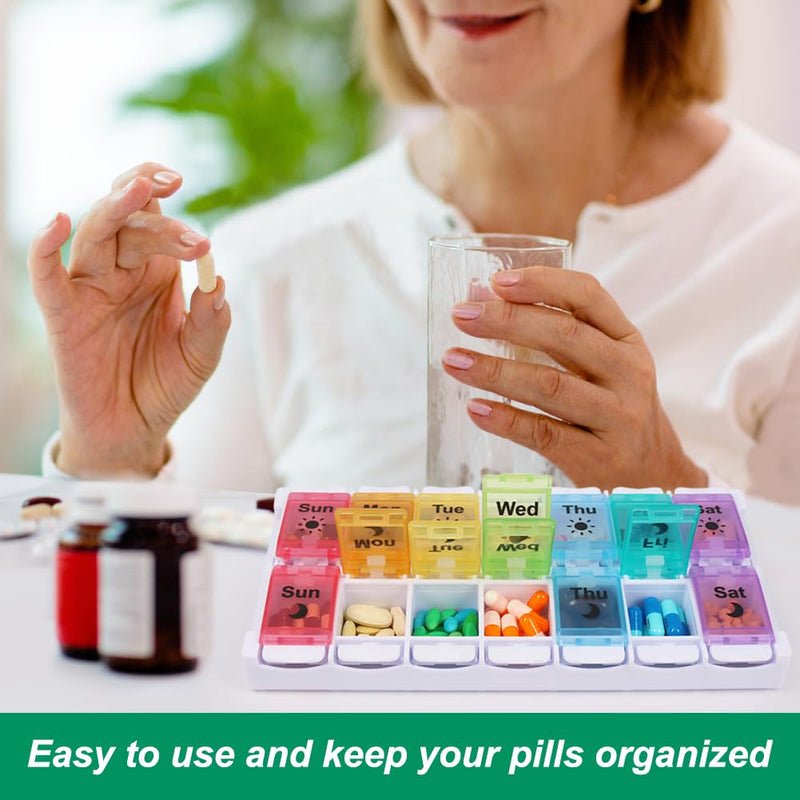 Shintop Am Pm Pill Organizer 7 Day, Push Button Weekly Pill Box 2 Times a Day Easy Fill Pill Holder Day Night Vitamin Case for Medications Fish Oil Supplements (Rainbow) Rainbow