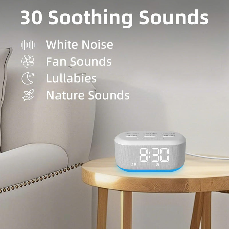 Small Digital Alarm Clock for Bedrooms Sound Machine with 30 Soothing Sound Plug in Desk Clock with Night Light Noise Machine Battery Backup 15 Wake up Sound Clock for Teen Kid Heavy Sleeper Snooze White