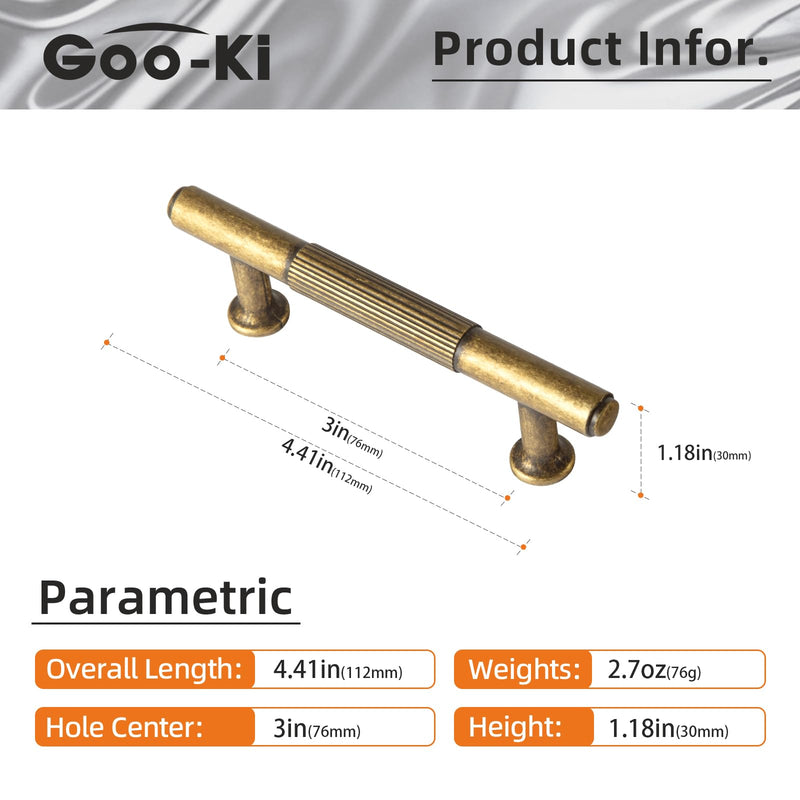 Goo-Ki 6pack Antique Brass Cabinet Pulls Zinc Alloy Kitchen Hardware, 3 Inch c-c Vintage Bronze Drawer Handles Retro Brass Bar Pull Dresser Handle 3" (76mm) Center-Center