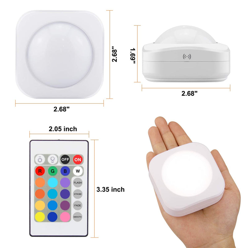 LUXSWAY Battery LED Color Lights, Puck Lights with 2 Remote,Tap Closet Lights, 16 Color Chaning RGB Light Stick to Wall, Under Shelf Lighting -4 Pack 16 Colors