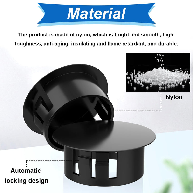 Tnisesm 135Pcs 8 Sizes Nylon Plastic Hole Plugs Black 1/4" 5/16" 3/8" 1/2" 5/8" 3/4" 7/8" 1" Round Drill Hole, Flush Type Panel Knockout Locking Plugs, Furniture Cabinet Insert End Caps 8 Size Black(1/4"-1"-135Pcs)