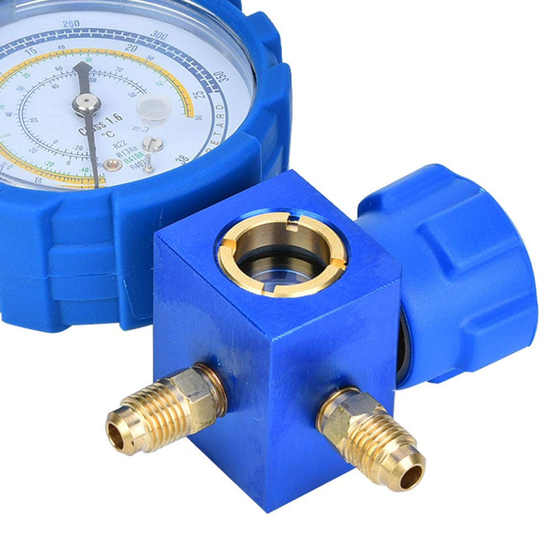 AC Manifold Set, Professional Low Pressure A/C Refrigeration Tool with Visual Mirror Sight Glass for HVAC Technicians Blue G1/4 Inch 68mm