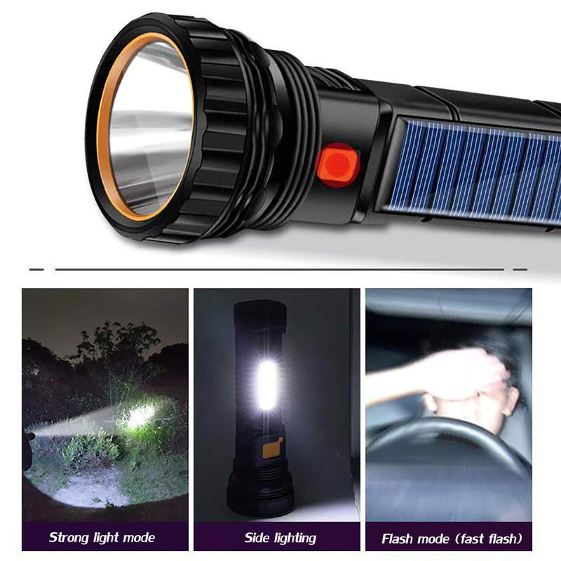 Solar/Rechargeable Multi Function 1000 Lumens LED Flashlight, with Emergency Strobe Light and 1200 Mah Battery, Emergency Power Supply and USB Charging Cable, Fast Charging (1PC) Black 1PCS