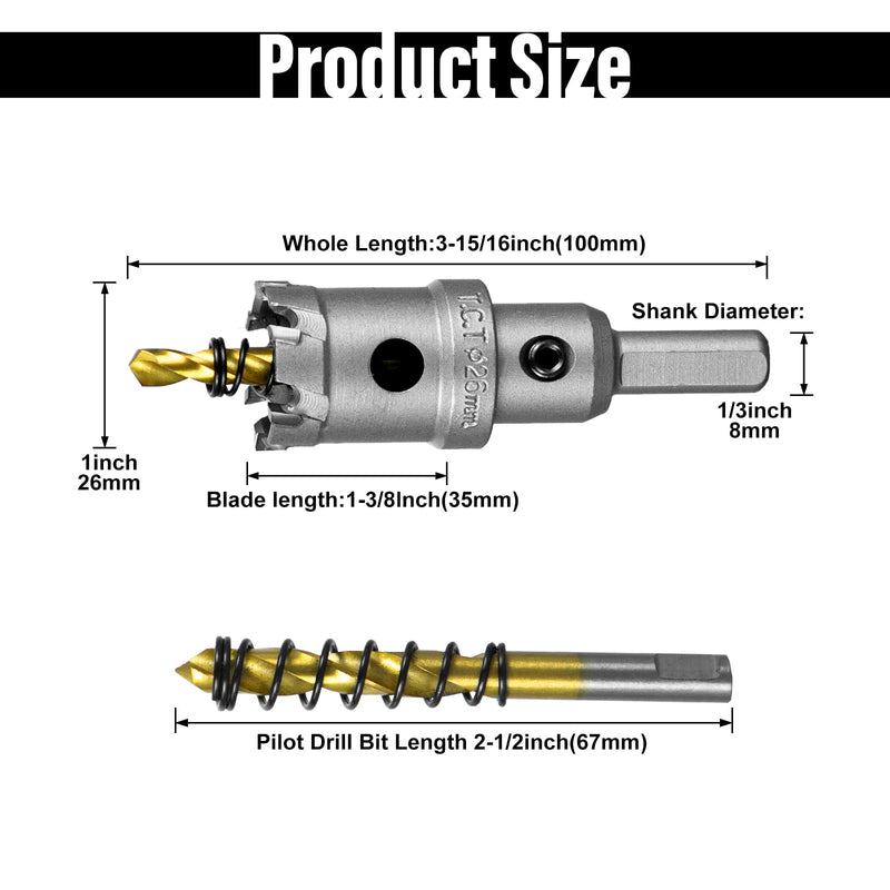 SALI 1" (26mm) TCT Hole Saw Kit Tungsten Carbide Tipped Hole Saw Drill Bit with Titanium-Plated Pilot Drill bit for Metal, Stainless Steel, Iron, Wood, Plastic 1 in