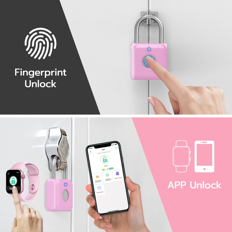 Fingerprint Padlock eLinkSmart Gym Locker Lock for Girls Women with Phone App iOS Watch Metal Keyless Combination Locks for School Sports Locker Toolbox Hasp Storage Pink Cherry Pink