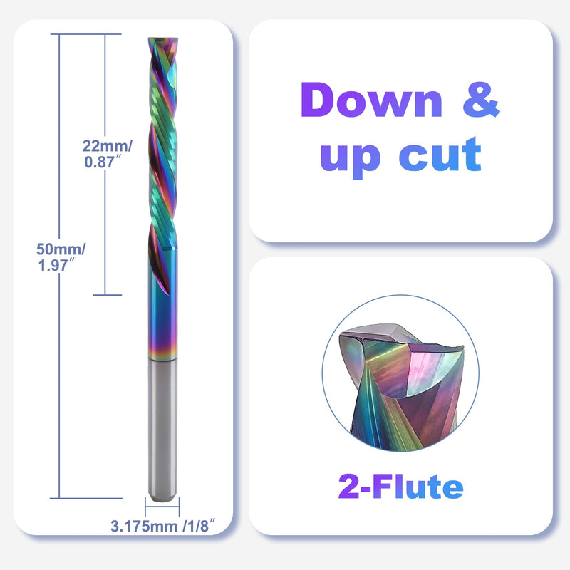 5 Pcs Compression Router Bits 1/8 Inch Shank, 2 Flute Up & Down Cut End Mill, CNC Carbide Milling Cutter with DLC Coating for Engraving Milling 3D Sculpturing Roughing
